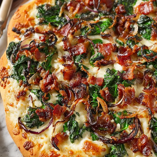 Delish Caramelized Onion Bacon Spinach Pizza