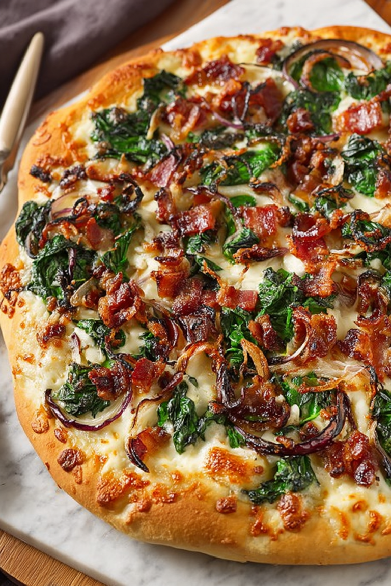 Delish Caramelized Onion Bacon Spinach Pizza