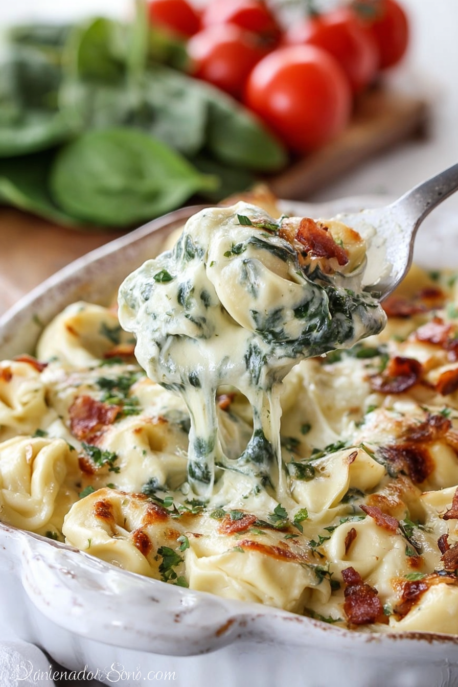 Delish Cheesy Tortellini Spinach Bake