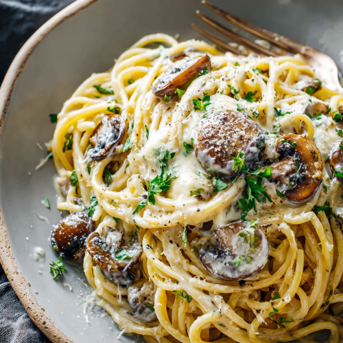 Delish Creamy Garlic Herb Mushroom Spaghetti