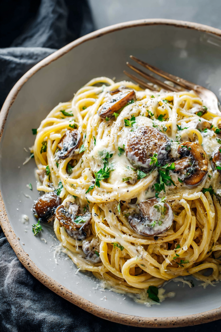 Delish Creamy Garlic Herb Mushroom Spaghetti