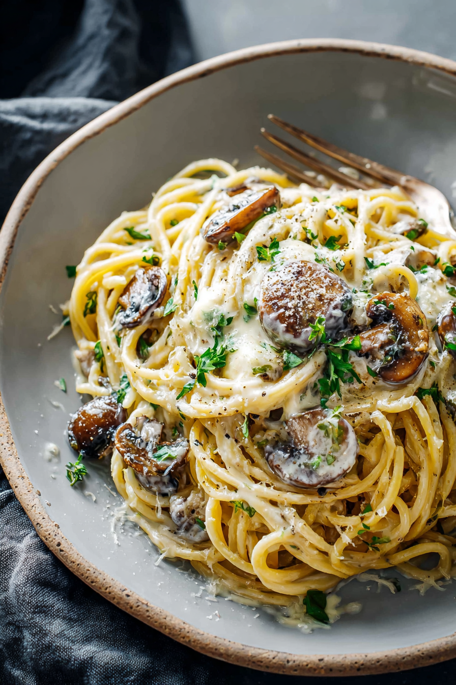 Delish Creamy Garlic Herb Mushroom Spaghetti