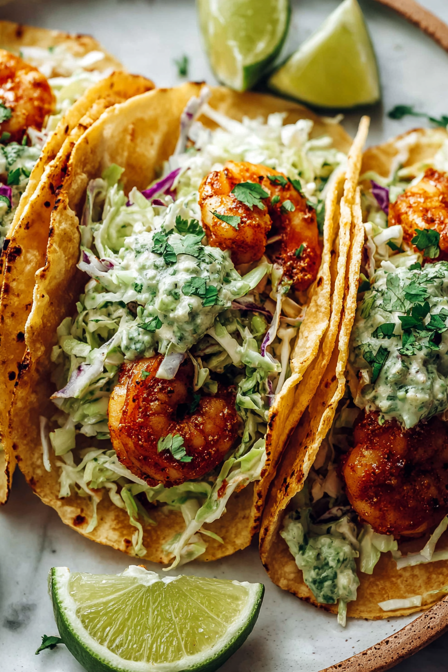 Delish Spicy Shrimp Tacos with Garlic Cilantro Lime Slaw