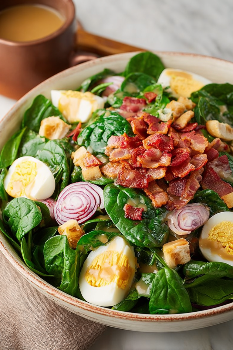 Delish Spinach Salad with Warm Bacon Dressing