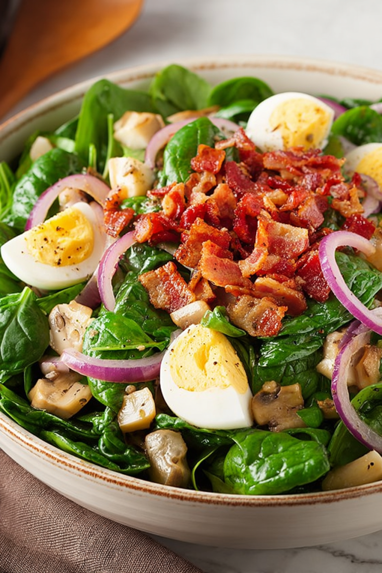 Delish Spinach Salad with Warm Bacon Dressing