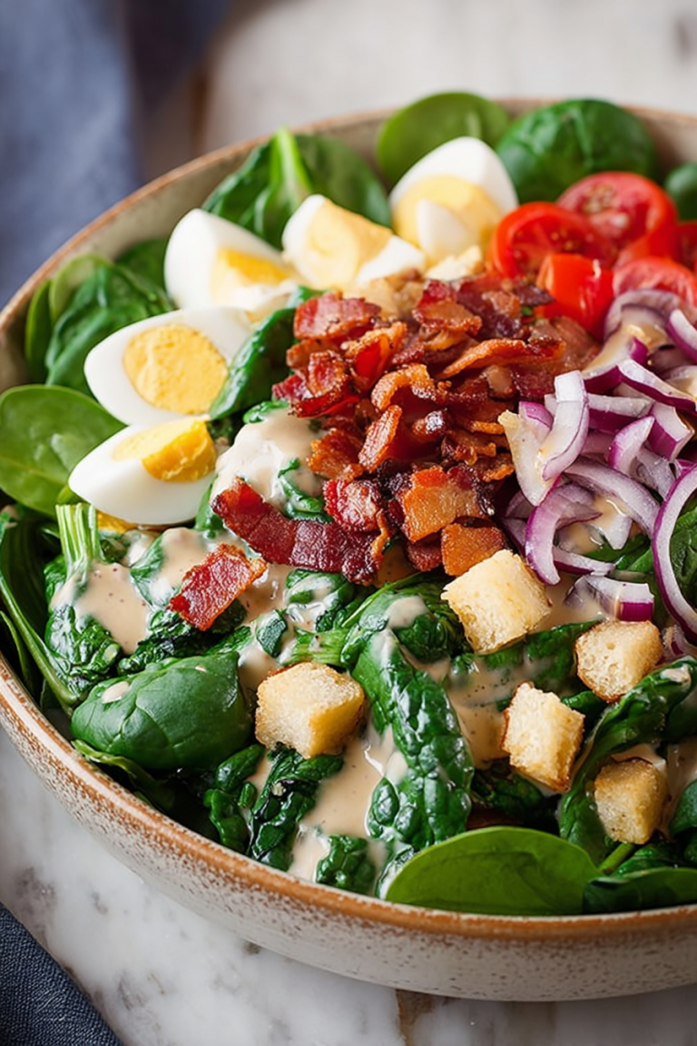 Delish Spinach Salad with Warm Bacon Dressing