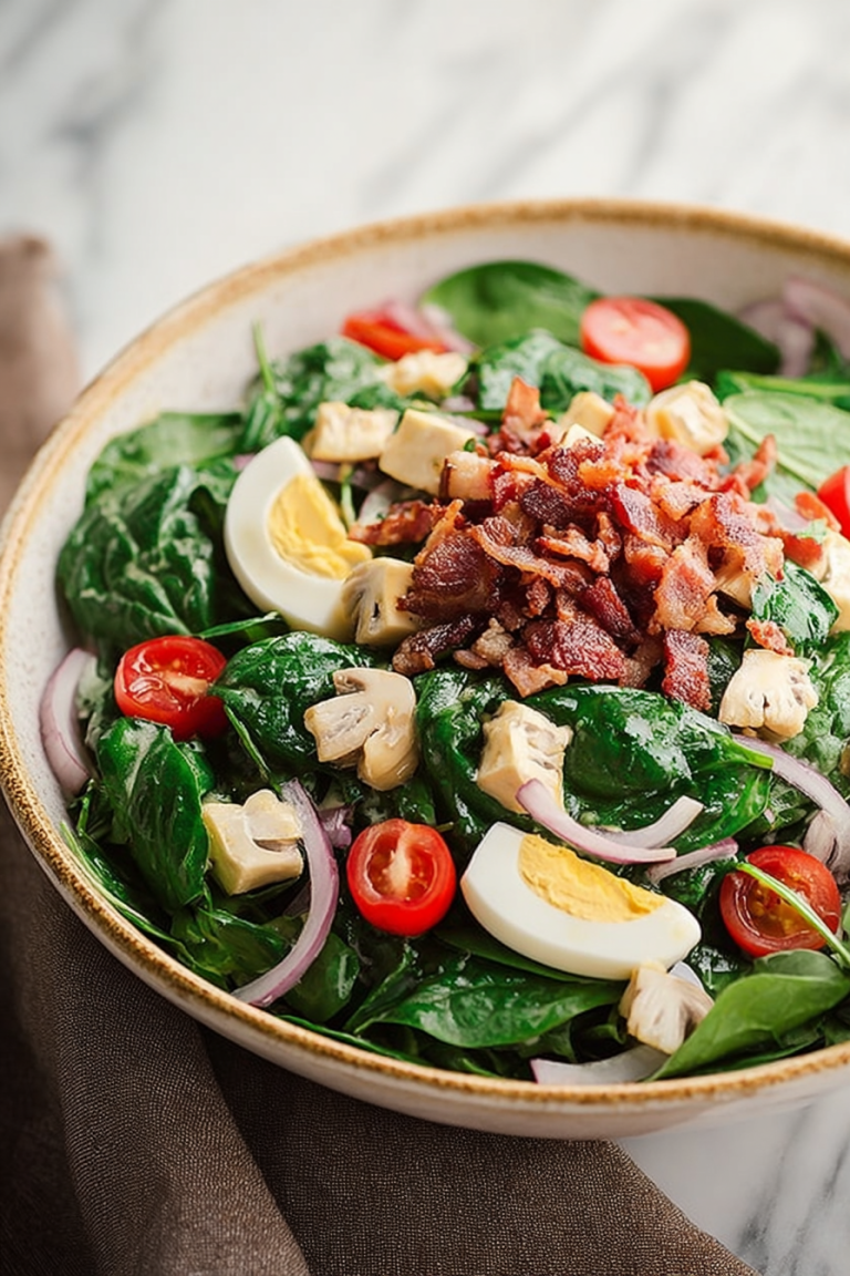 Delish Spinach Salad with Warm Bacon Dressing
