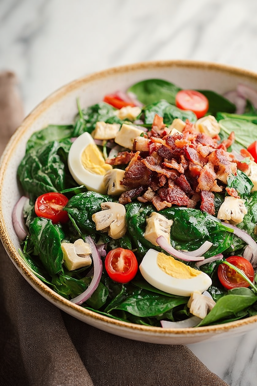 Delish Spinach Salad with Warm Bacon Dressing