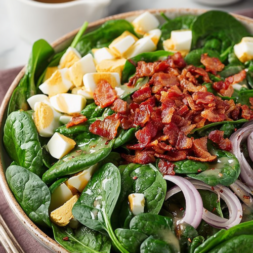 Delish Spinach Salad with Warm Bacon Dressing