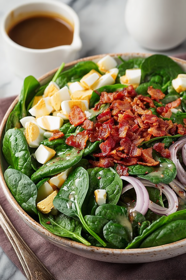 Delish Spinach Salad with Warm Bacon Dressing