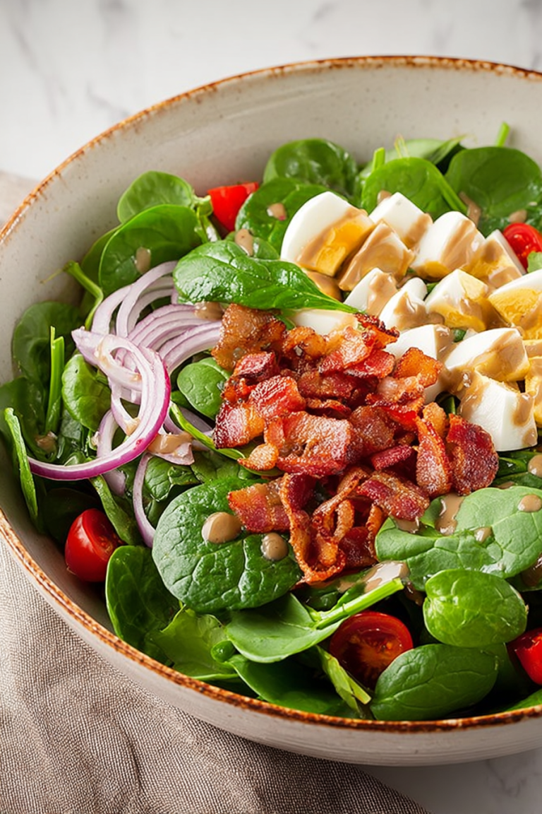 Delish Spinach Salad with Warm Bacon Dressing