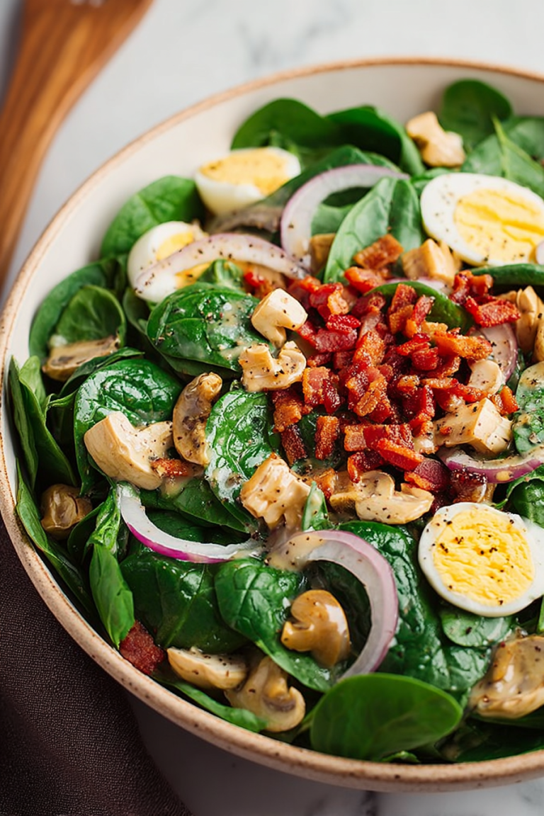 Delish Spinach Salad with Warm Bacon Dressing