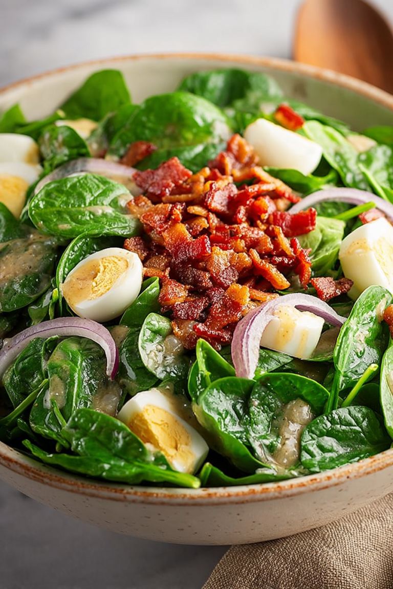 Delish Spinach Salad with Warm Bacon Dressing