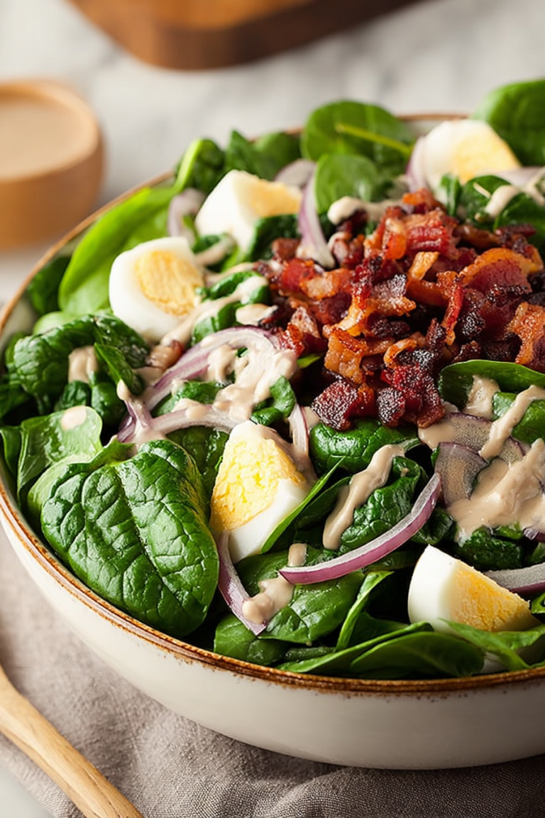 Delish Spinach Salad with Warm Bacon Dressing