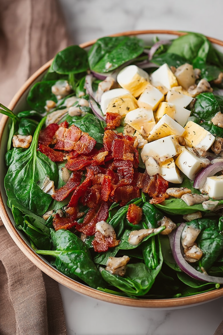 Delish Spinach Salad with Warm Bacon Dressing