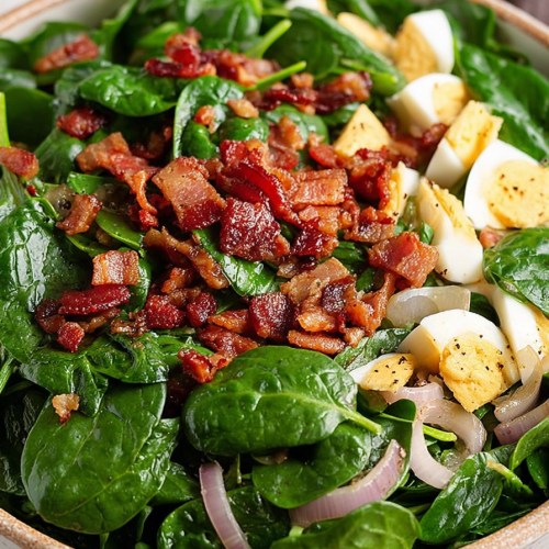 Delish Spinach Salad with Warm Bacon Dressing