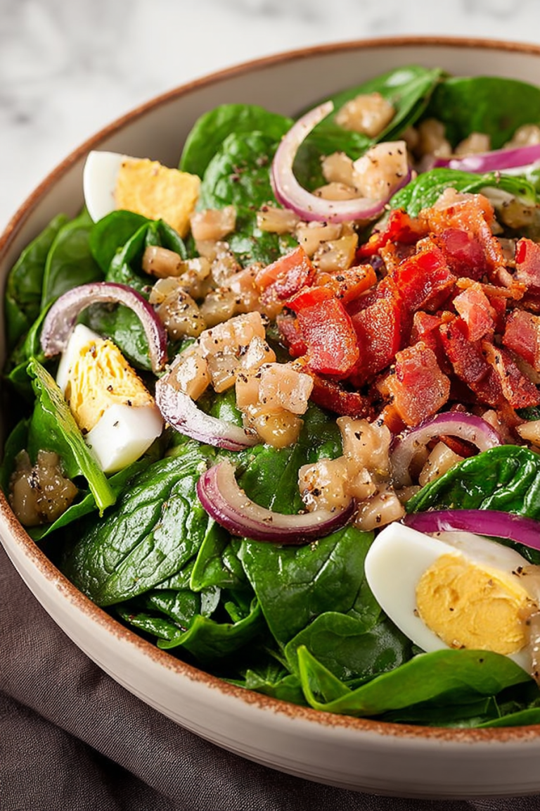 Delish Spinach Salad with Warm Bacon Dressing