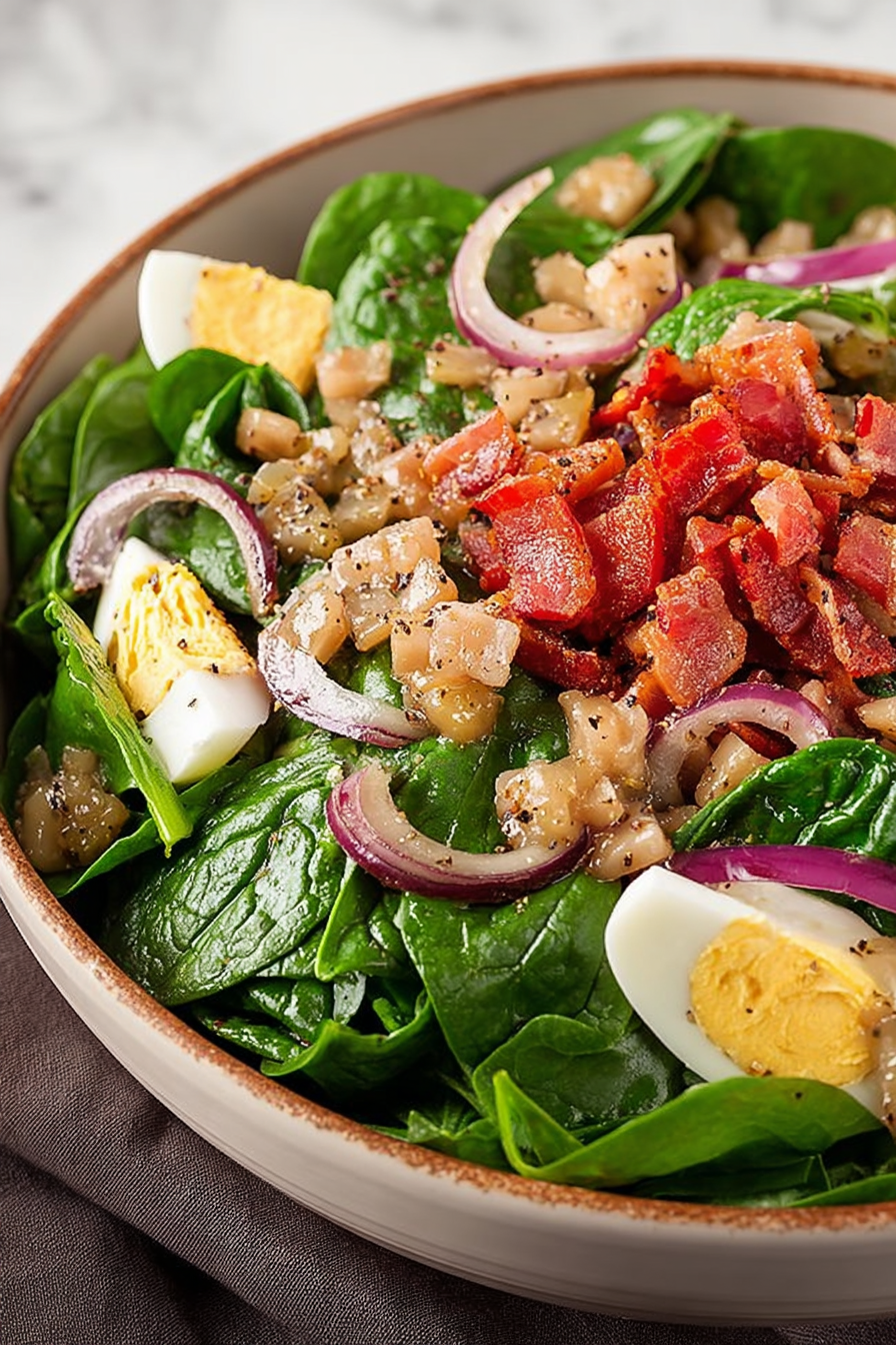 Delish Spinach Salad with Warm Bacon Dressing