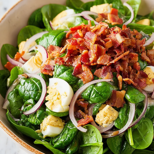 Delish Spinach Salad with Warm Bacon Dressing