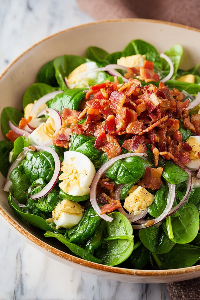 Delish Spinach Salad with Warm Bacon Dressing