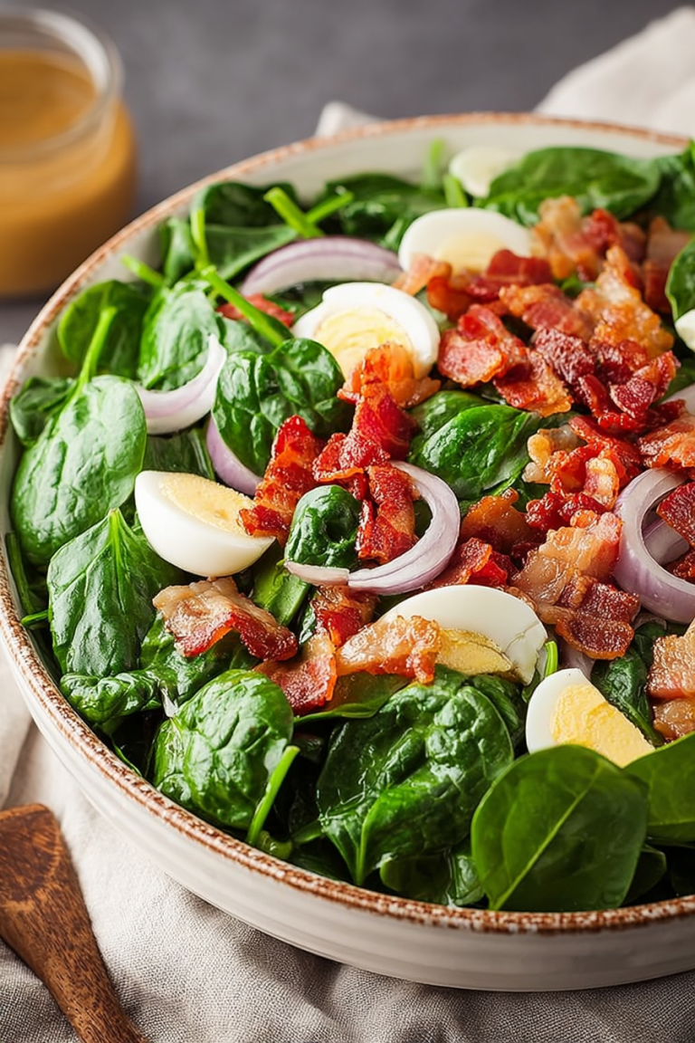 Delish Spinach Salad with Warm Bacon Dressing