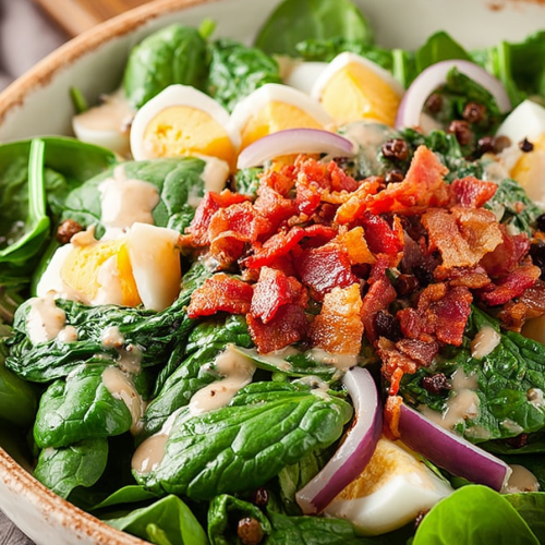 Delish Spinach Salad with Warm Bacon Dressing