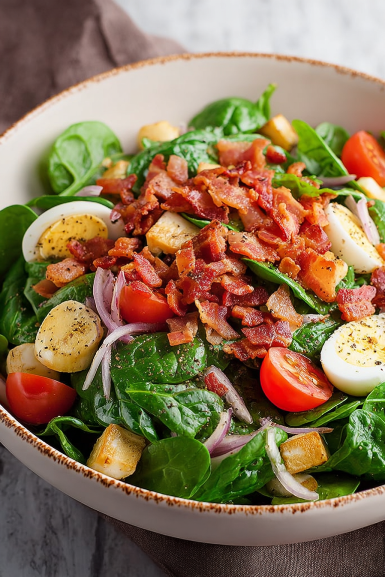 Delish Spinach Salad with Warm Bacon Dressing