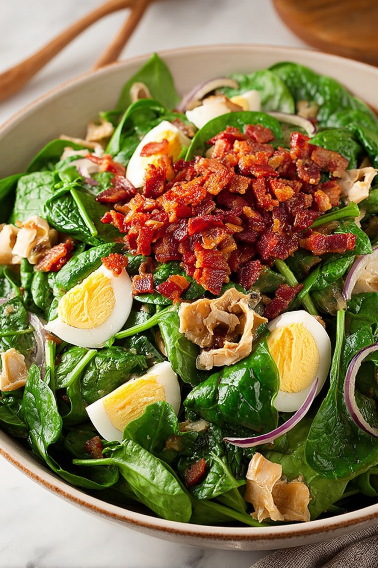 Delish Spinach Salad with Warm Bacon Dressing