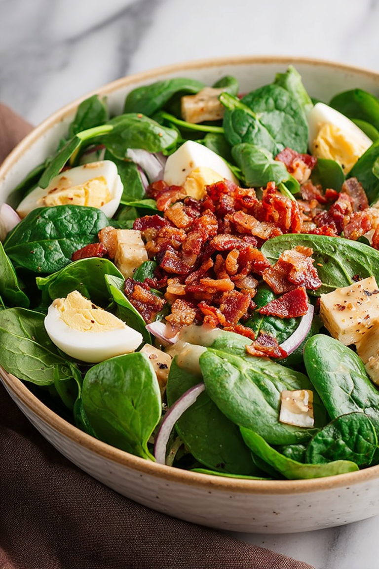 Delish Spinach Salad with Warm Bacon Dressing