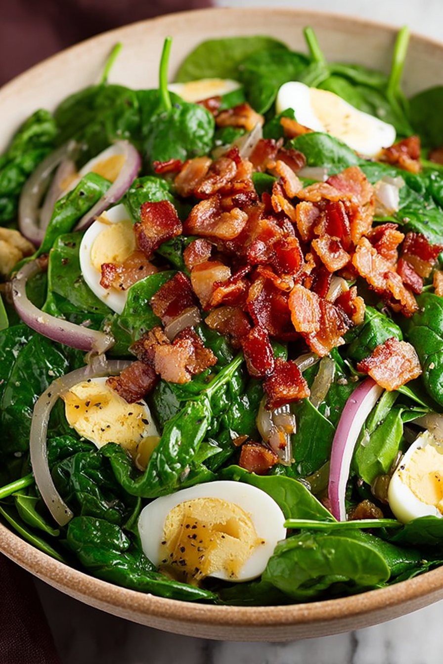 Delish Spinach Salad with Warm Bacon Dressing