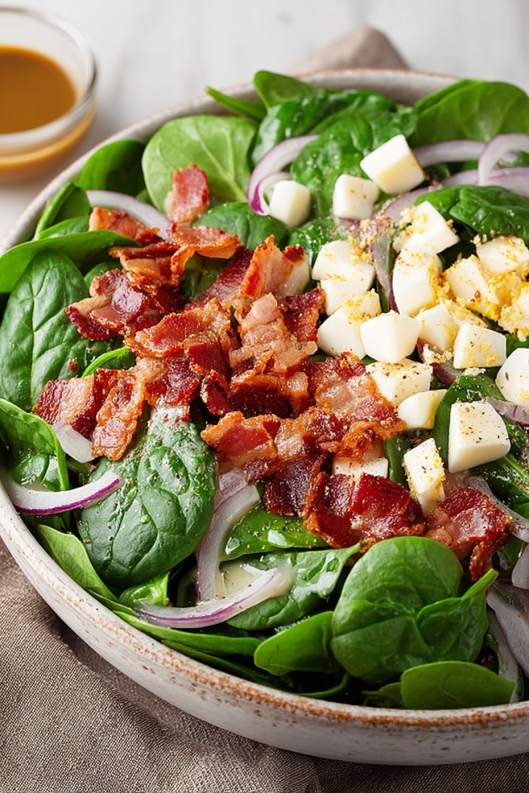 Delish Spinach Salad with Warm Bacon Dressing