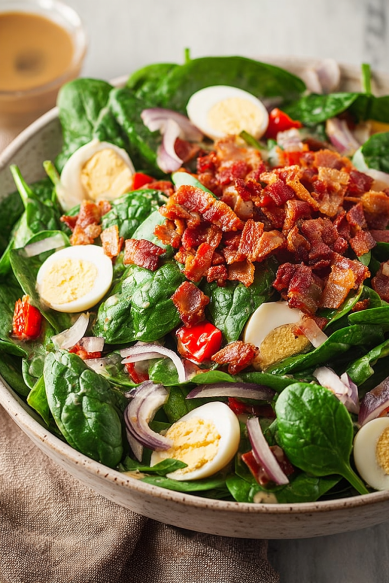 Delish Spinach Salad with Warm Bacon Dressing
