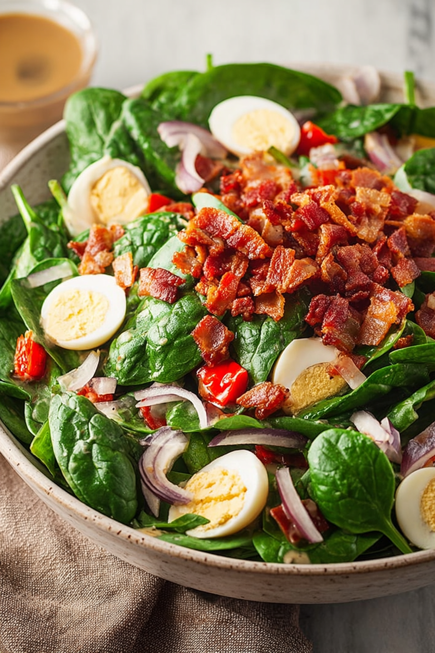 Delish Spinach Salad with Warm Bacon Dressing