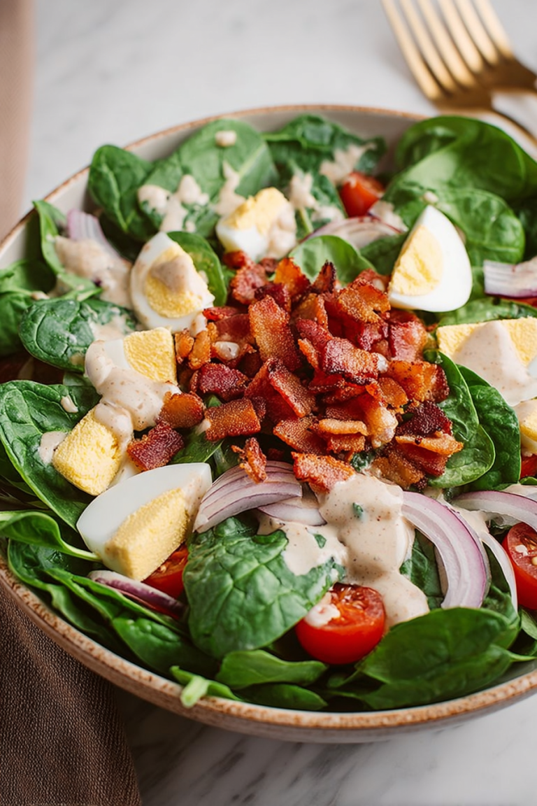 Delish Spinach Salad with Warm Bacon Dressing