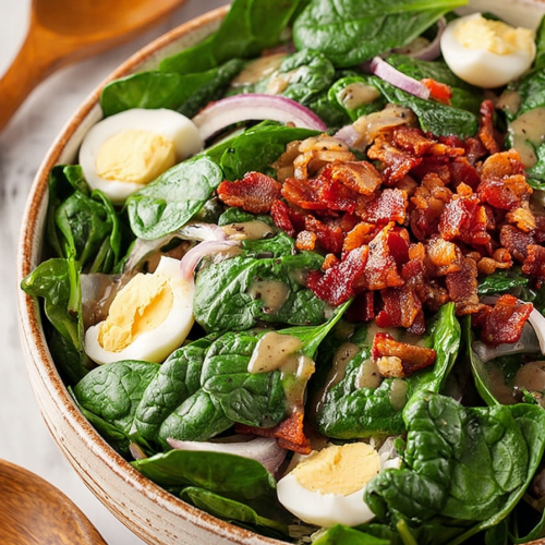 Delish Spinach Salad with Warm Bacon Dressing