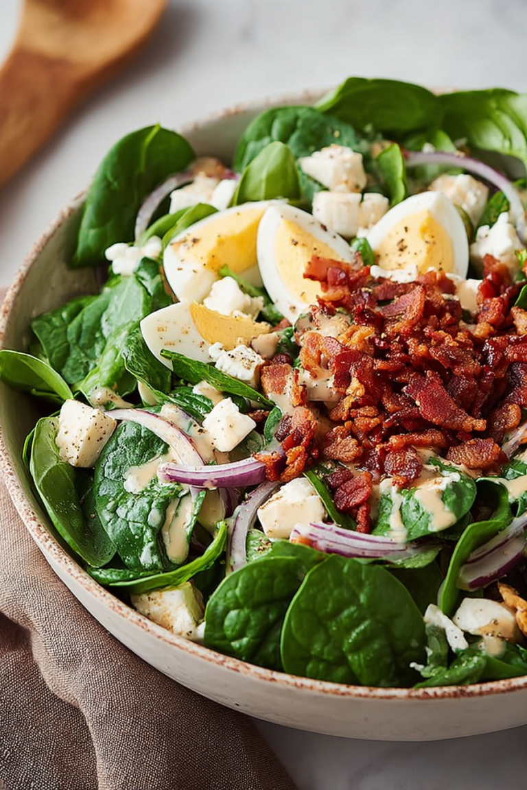 Delish Spinach Salad with Warm Bacon Dressing