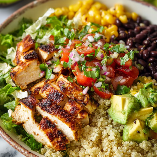 Easy Grilled Chicken Quinoa Burrito Bowls with Avocado Salsa