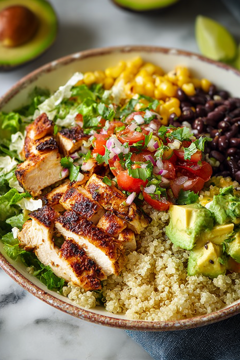 Easy Grilled Chicken Quinoa Burrito Bowls with Avocado Salsa