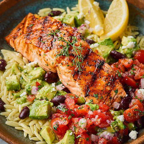 Easy Grilled Salmon with Avocado Greek Salsa Orzo