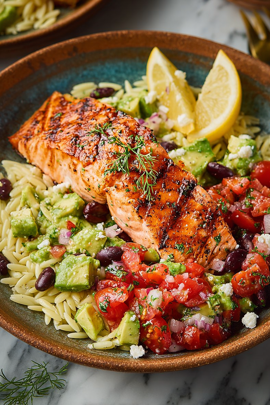 Easy Grilled Salmon with Avocado Greek Salsa Orzo