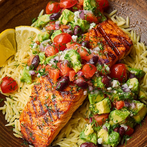 Easy Grilled Salmon with Avocado Greek Salsa Orzo