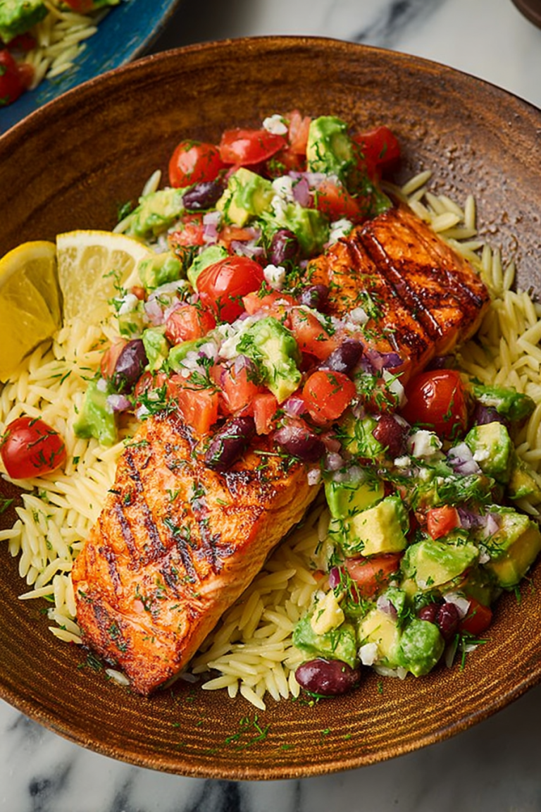 Easy Grilled Salmon with Avocado Greek Salsa Orzo