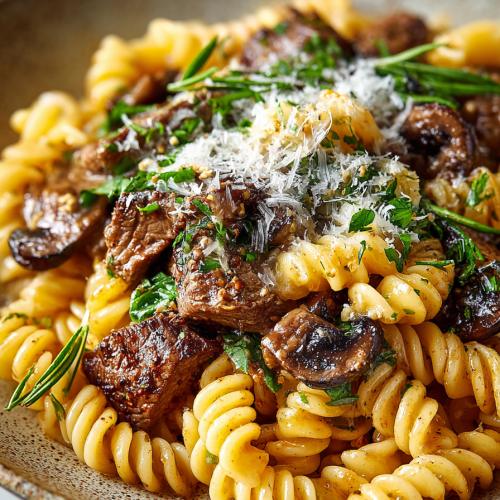 Beef and Rotini in Garlic Sauce