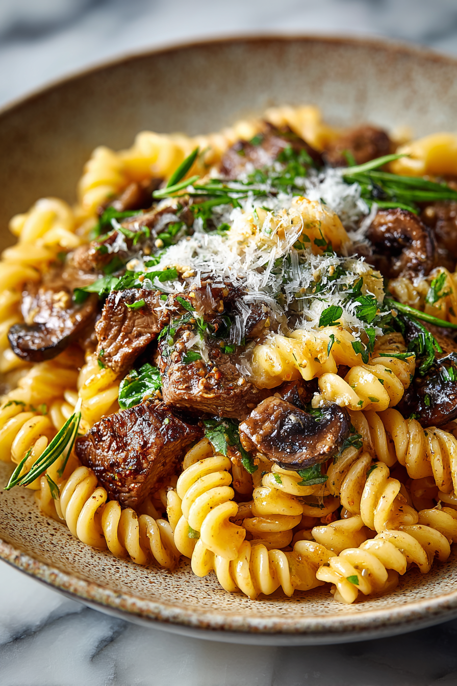 Beef and Rotini in Garlic Sauce