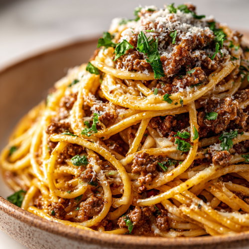 Cajun Beef Spaghetti in Creamy Cheese Sauce