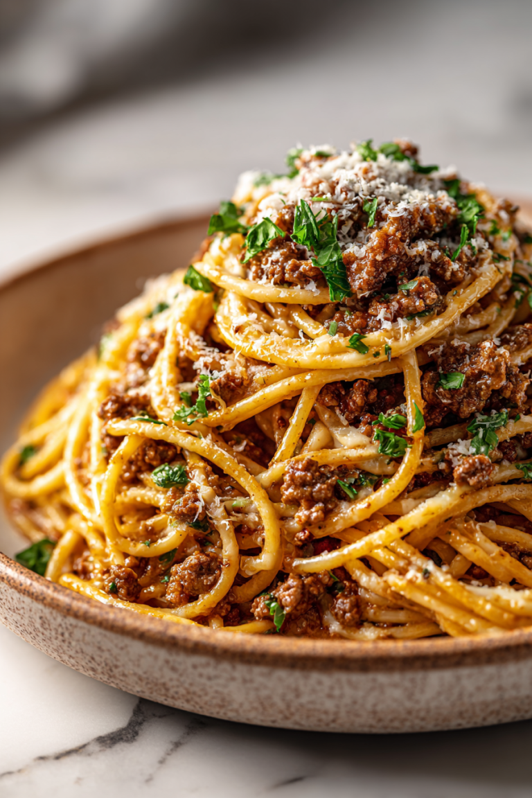 Cajun Beef Spaghetti in Creamy Cheese Sauce