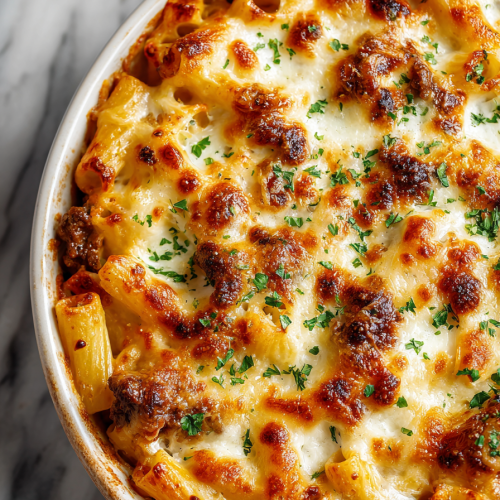 Cajun Steak Cheesy Rigatoni Bake