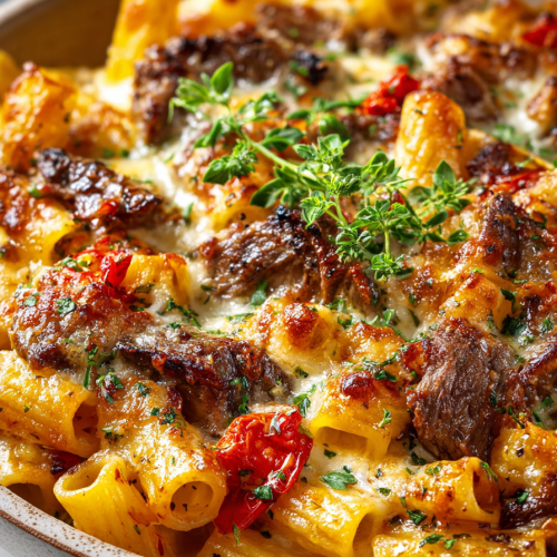 Cajun Steak Rigatoni Parmesan Bake
