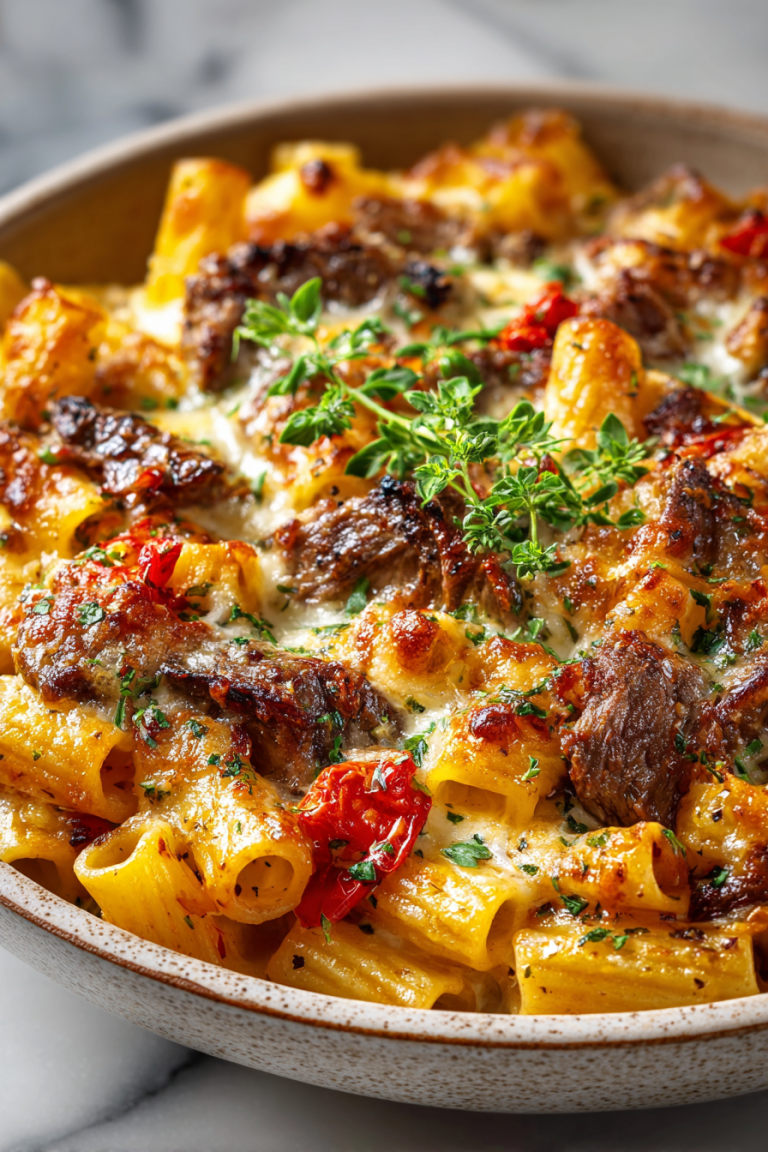 Cajun Steak Rigatoni Parmesan Bake