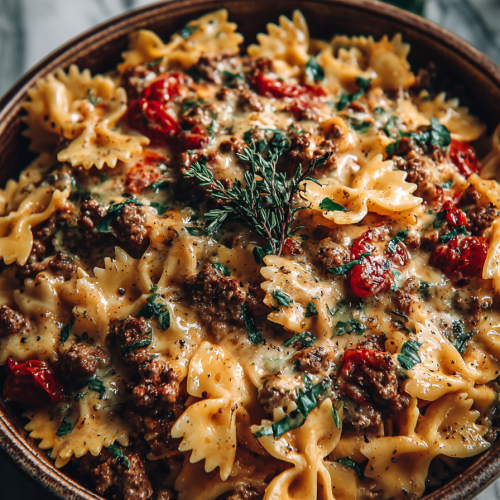 Cheesy Bowtie Dinner with Cajun Ground Beef